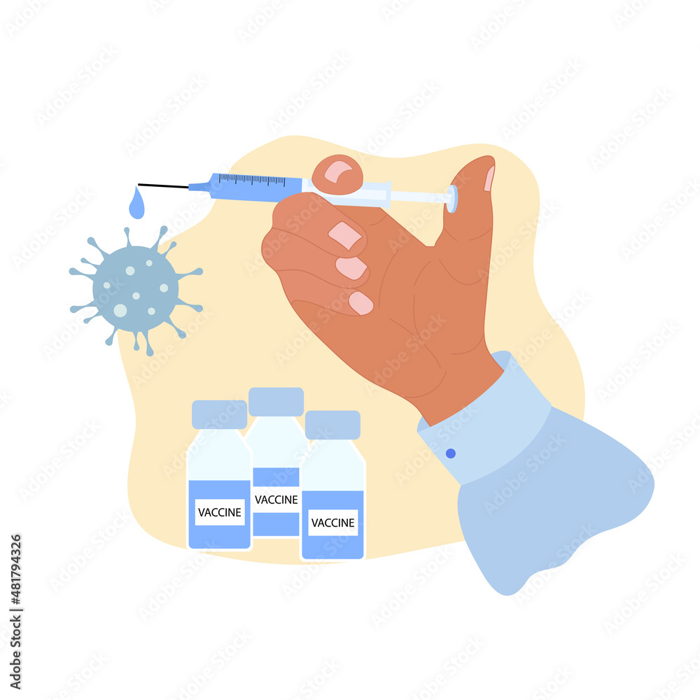 Vaccination concept. Modern immunization concept. Nurse holding a syringe with vaccine, bottle with vaccine. Covid-19 vaccination. Template, banner, poster, icon. Flat vector illustration Vaccination concept. Modern immunization concept. Nurse holding a syringe with vaccine, bottle with vaccine. Covid-19 vaccination. Template, banner, poster, icon. Flat vector illustration