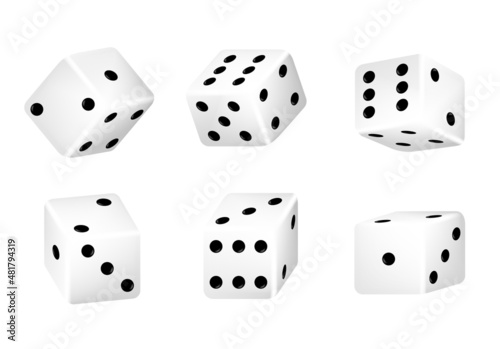 Realistic 3d rolling dice for casino gambling games set of casino craps  poker and tabletop board games Isolated white play dice cubes with black dots or pips in different positions  entertainment