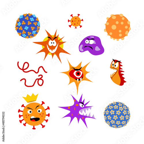 Human viruses set. Viruses vector cartoon bacteria emoticon character of bacterial infection or ilness in microbiology. Set of microbe organism emotions on white background. Vector illustration