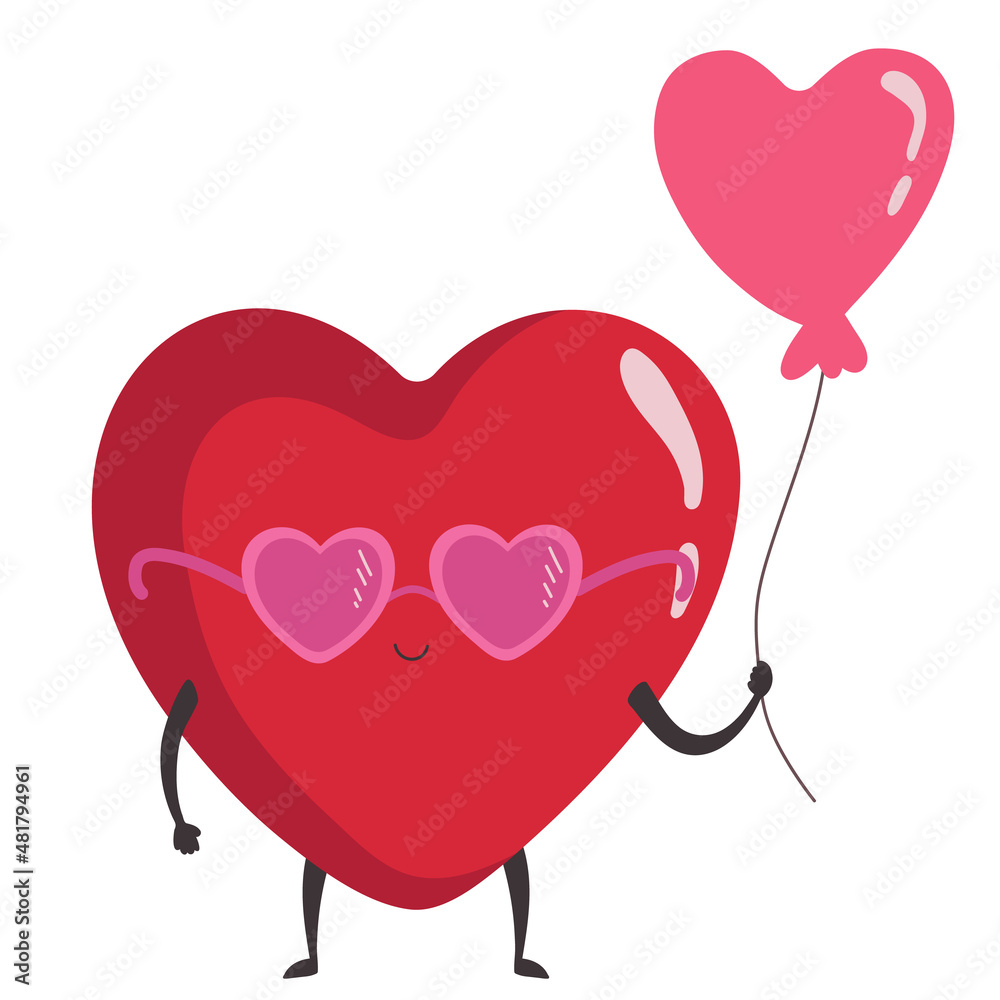 Vector illustration of a heart in love with a face in glasses and a balloon. Valentine's day concept character in love. Vector illustration of a heart in love with a face in glasses and a balloon. Valentine's day concept character in love.