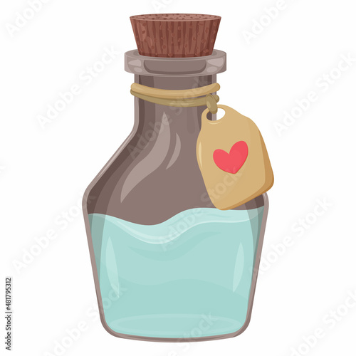 Love potion in a bottle, magic elixir, artifact or antidote in the game. Happy Valentine's Day. Vector drink with heart tag. Elements and stickers for the holiday.