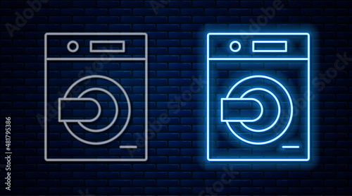 Glowing neon line Washer icon isolated on brick wall background. Washing machine icon. Clothes washer - laundry machine. Home appliance symbol. Vector