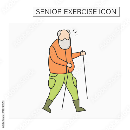 Scandinavian walking color icon.Man walk with special equipment.Cardiovascular exercise. Physical activity. Senior exercise concept. Isolated vector illustration