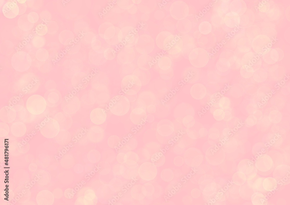Blurred pink background with golden circle sparkling lights. Shiny pastel red glittery bokeh of christmas garland.