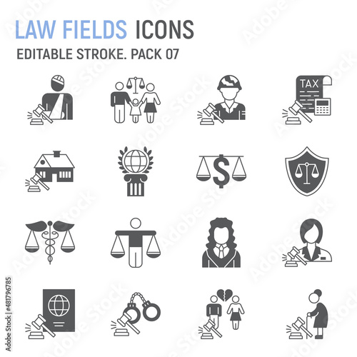 Law Fields glyph icon set, Fields of Law collection, vector graphics, logo illustrations, law fields vector icons, justice signs, solid pictograms, editable stroke
