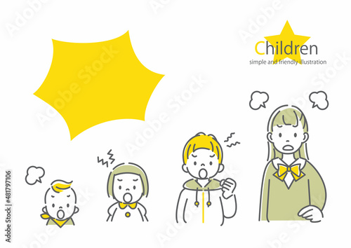 いろいろな年齢の子供たちのイラストセット　怒る