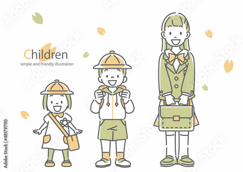 入園・入学に向かう笑顔の子供たち　シンプルでお洒落な線画イラスト