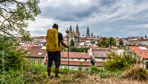 Pilgrim arriving from the Camino de Santiago de Compostela, Spain - view from the cathedral.