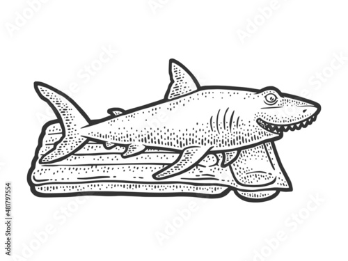 Shark swims on air mattress sketch engraving vector illustration. T-shirt apparel print design. Scratch board imitation. Black and white hand drawn image.