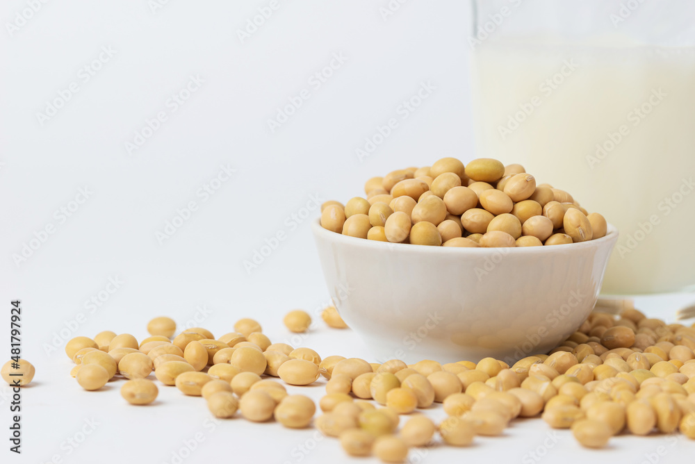 High protein product soybeans is popular ingredient for variant of vegetable milk. Dry, raw soybean, soy bean, or soya bean one of types asian legume in bowl white background. High protein product soybeans is popular ingredient for variant of vegetable milk. Dry, raw soybean, soy bean, or soya bean one of types asian legume in bowl white background.