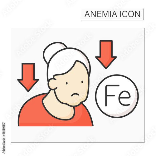 Anemia color icon. Lack of iron in adult woman immune system. Low life energy. Health protection concept. Isolated vector illustration