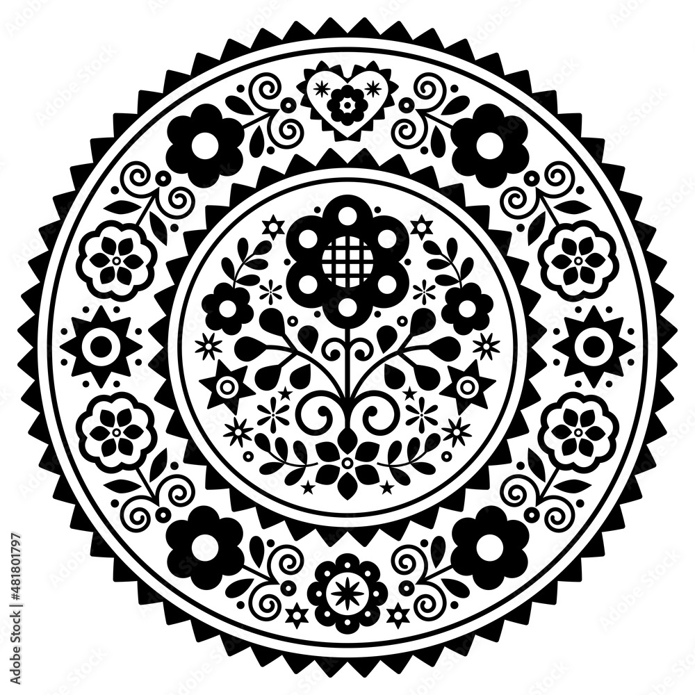 Folk art vector mandala design with flowers with frame inspired by old traditional Polish embroidery Lachy Sadeckie - bohemian pattern in black and white
Folk art vector mandala design with flowers with frame inspired by old traditional Polish embroidery Lachy Sadeckie - bohemian pattern in black and white