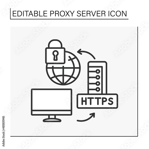 HTTPS protocol line icon. Hypertext Transfer Protocol Secure. Encrypted HTTP data transferred over secure connection. Proxy server concept. Isolated vector illustration. Editable stroke