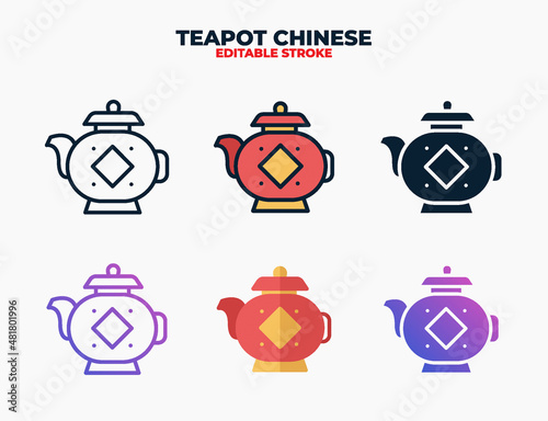 Teapot chinese icon set with different styles. Editable stroke and pixel perfect.