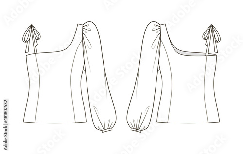 Fashion technical drawing of one shoulder blouse with one puffy sleeve