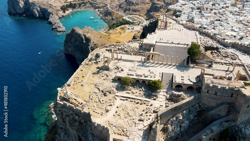 Lindos small whitewashed village and the Acropolis, scenery of Rhodos Island at Aegean Sea