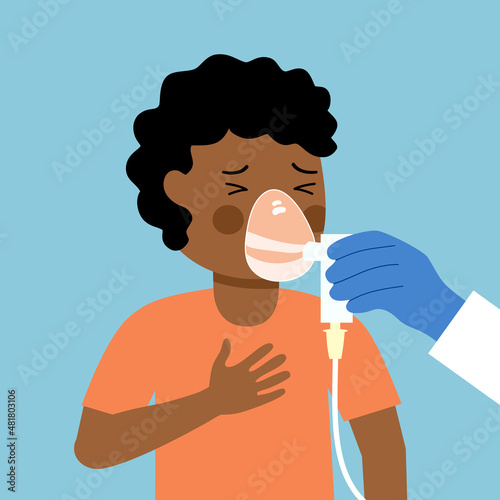 Doctor or nurse placing oxygen mask on African boy kids patient. Oxygen therapy. Lung or respiratory system disease. Breathing problem. Inhaler assistance.