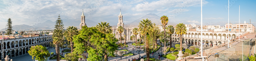 The main square of Arequipa on the background of the volcano El Misti