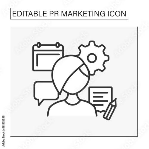 Event manager line icon. Person responsible for coordinating and arranging events, parties, press conferences. HR worker. PR marketing concept. Isolated vector illustrations. Editable stroke