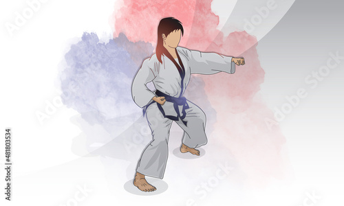 A woman is engaged in taekwondo, strikes with her fist. Abstract gray background, watercolor spots.