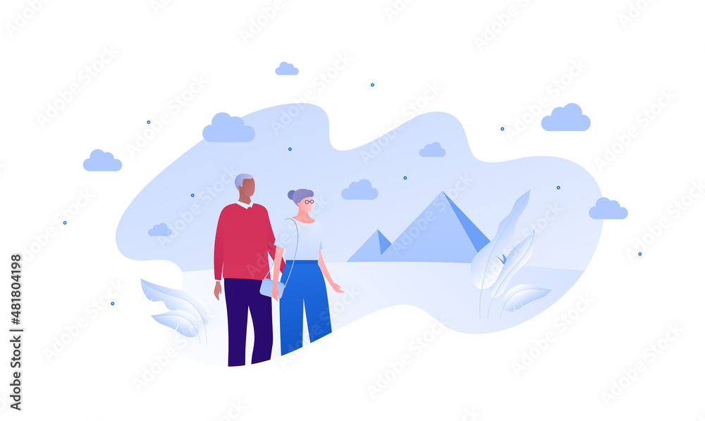 Obraz premium Sightseeing tourism and famous places travel concept. Vector flat people illustration. Senior adult family character. Couple of old african man and woman. Abstract pyramid building on background