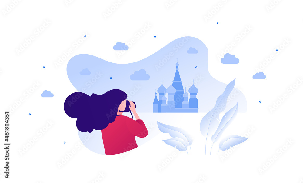 Obraz premium Sightseeing tourism and famous places travel concept. Vector flat people illustration. Young adult woman make photo by camera. Abstract orthodox temple building symbol on background.