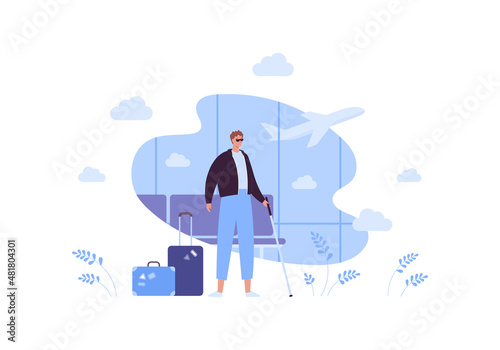 Tourism for blind person and airplane travel concept. Vector flat people illustration. Disabled man in black glasses and walking stick on airport window with plane background.