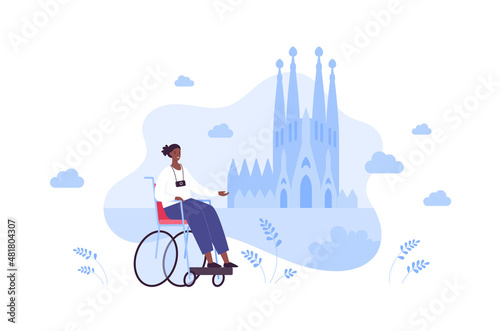 Sightseeing tourism and famous places travel concept. Vector flat people illustration. Disabled character on wheelchair. African adult girl with photo camera. Abstract cathedral building symbol.