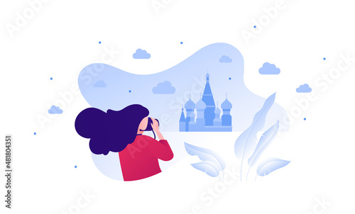 Sightseeing tourism and famous places travel concept. Vector flat people illustration. Young adult woman make photo by camera. Abstract orthodox temple building symbol on background.