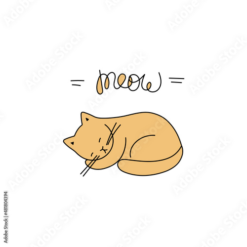 The cute cat is sleeping. Doodle vector illustration with editable line with black and yellow color. Pet image for kids print, T-shirt design.