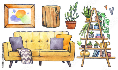 sofa shelf watercolor interior design modern style 60s eco-friendly pots plants cushions side table picture scandinavian jungle isolated set