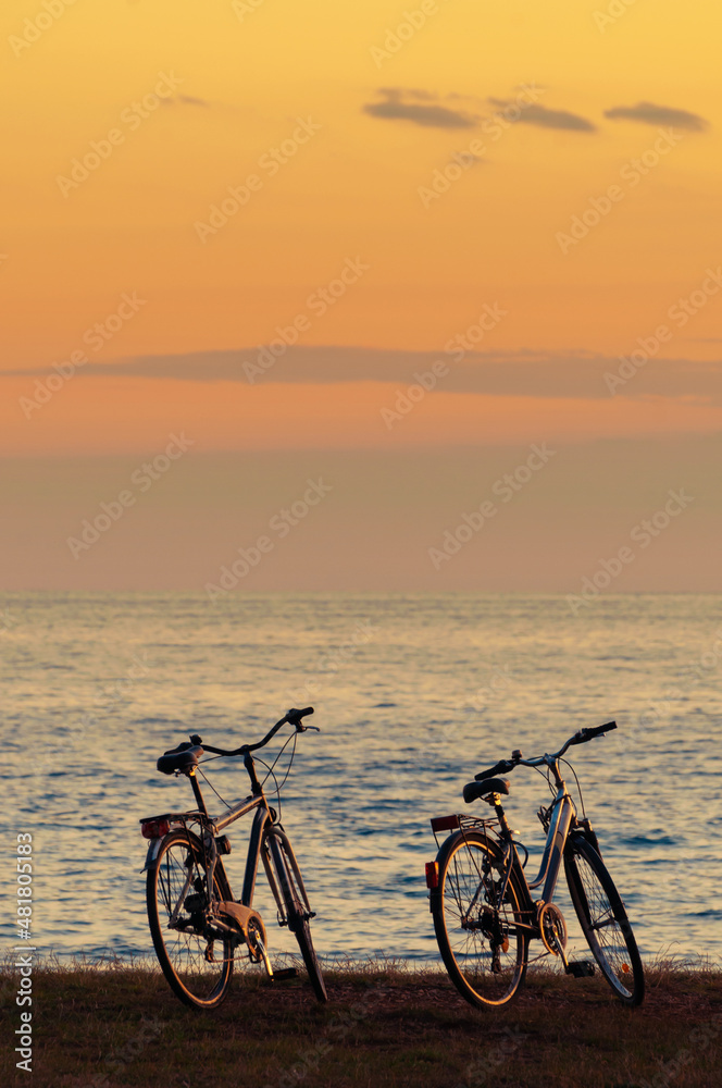Silhouette of two bicycles by the sea after sunset