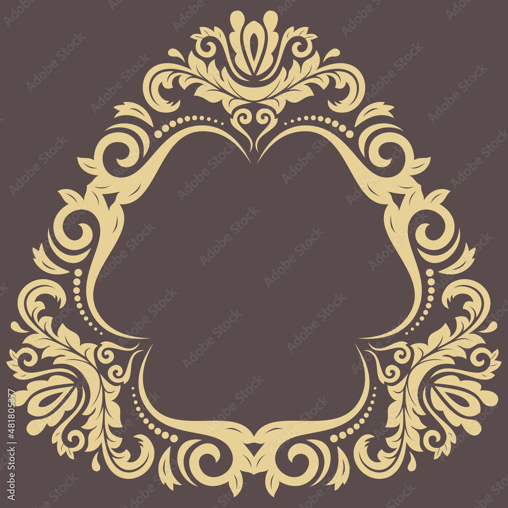 Oriental vector triangular golden frame with arabesques and floral elements. Floral border with vintage pattern. Greeting card with circle and place for text
