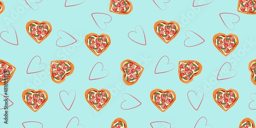Seamless pattern with pizza and hearts on blue background. 