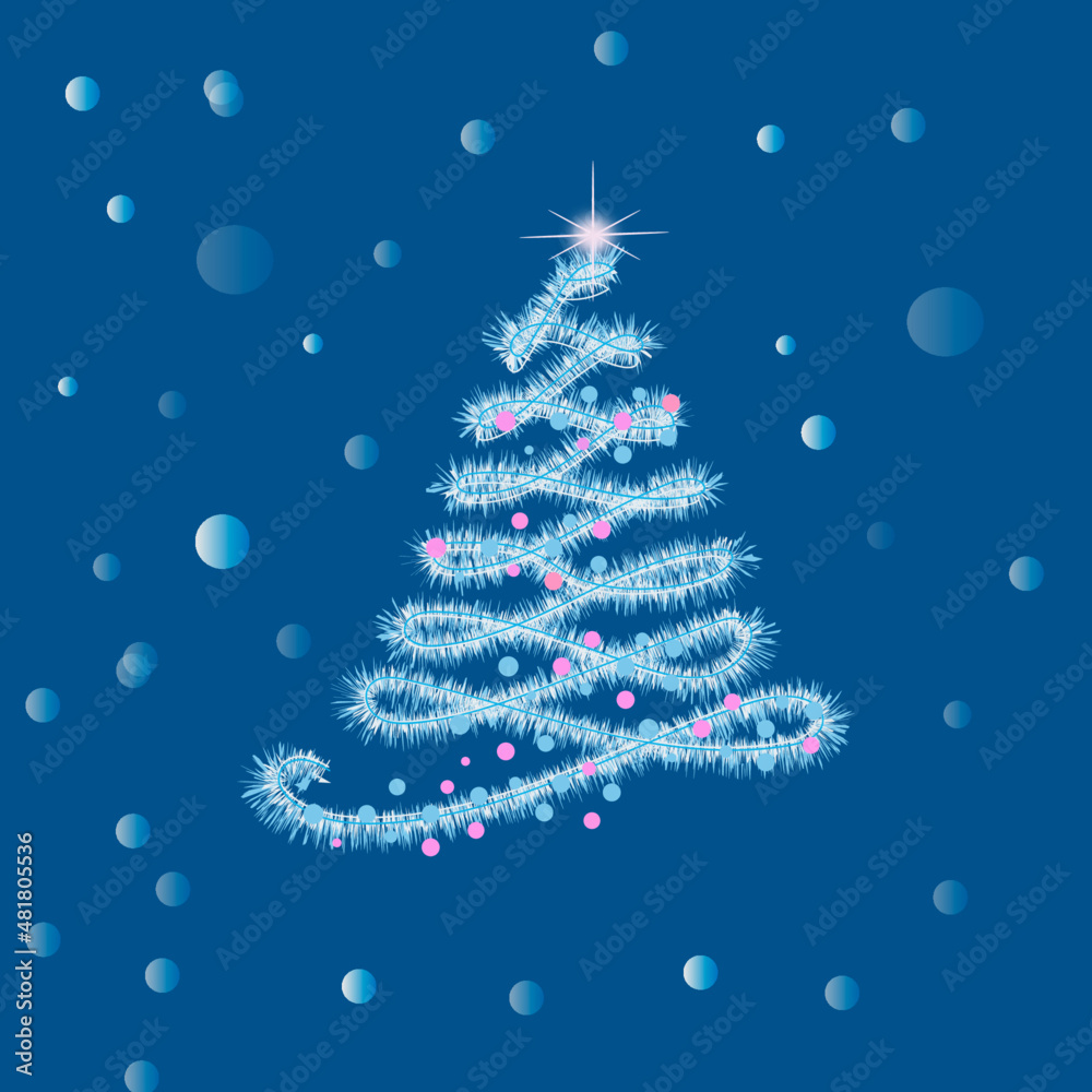 Fluffy Christmas tree. Christmas card. Gift card with white fluffy Christmas tree on blue background