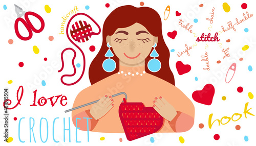 I love crochet sign girl knit handmade red blue smile hook treads woman DIY crafts hobby pastime happy