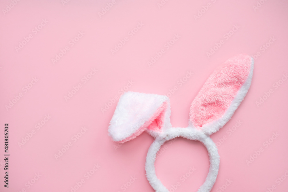 Fluffy pink ears of an easter bunny on a pink background. Flat lay, place for text. Easter concept.