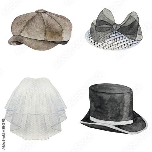Fotografia Set of watercolor wedding bride and groom headwear accessories: wedding classic