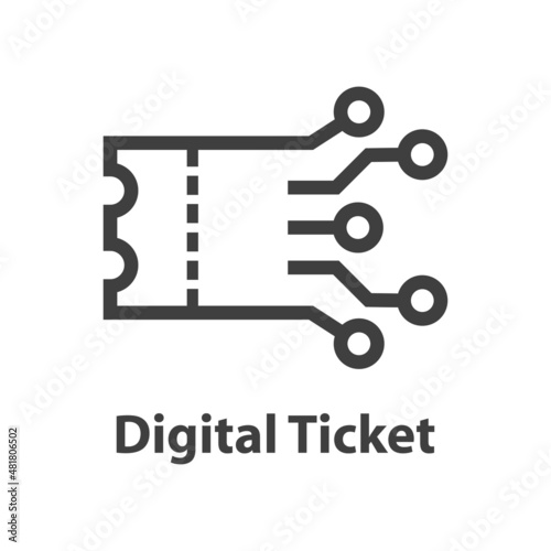 Logo compra entrada online. Digital ticket. Icono con líneas como circuito electrónico en color gris