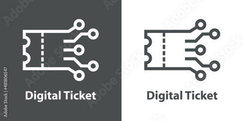Logo compra entrada online. Digital ticket. Icono con líneas como circuito electrónico en fondo gris y fondo blanco