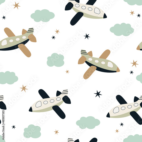 Hand drawn cartoon planes in the sky seamless pattern. Cute children  repeating background with air transport and clouds. Toy planes vector print.