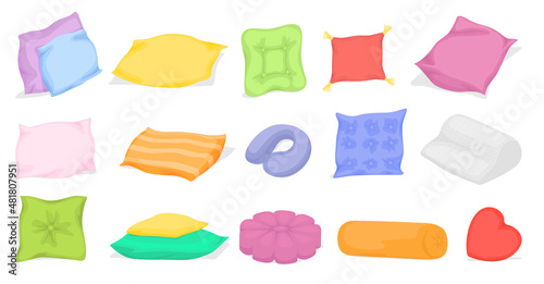 Multi colored pillow flat cartoon set. Home interior textile. Sofa bed sleep pillows mockup template. Classic feather, bamboo eco fabric. Isolated on white vector illustration