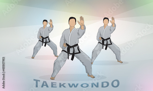 A group of young athletes trains in martial arts taekwondo. Abstract background.