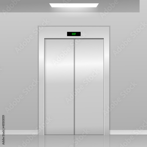 Realistic 3d Detailed Elevator with Closed Metal Doors Modern Interior Office or Hotel. Vector realistic empty lobby interior with lift