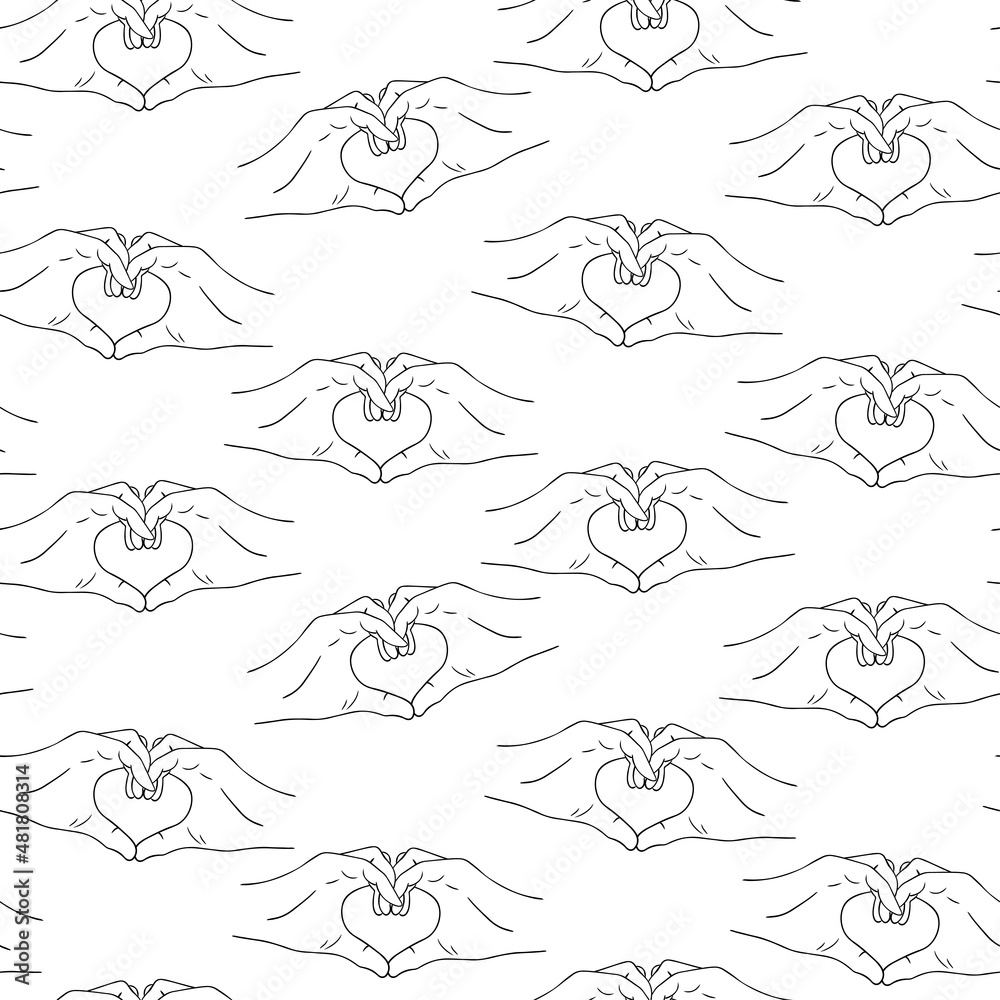 Hands make a gesture in the shape of a heart, meaning love. Vector seamless pattern for fabric, textile, valentines for Valentine s Day.