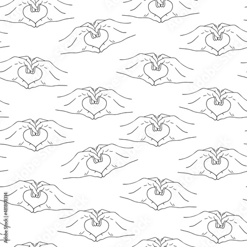 Hands make a gesture in the shape of a heart, meaning love. Vector seamless pattern for fabric, textile, valentines for Valentine s Day.