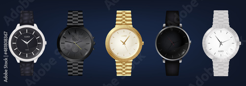 Wristwatches. Realistic luxury silver and golden men watches with modern steel bracelets fashion. 3D classic and modern business watches with chronograph, metal and leather bracelet.