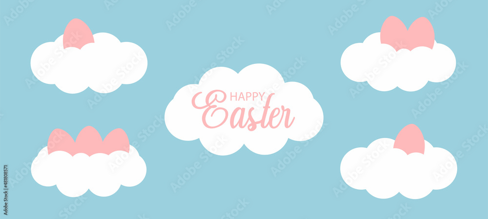 Cute easter banner with white clouds and easter eggs. Easter eggs on the clouds in a flat cartoon style. Vector illustration good for greeting card, advertising background, social media elements. Text