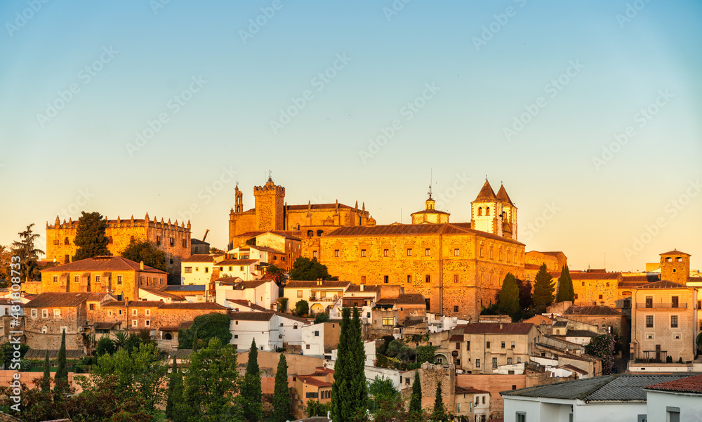 panoramic view of the city of Caceres in Extremadura in Spain - golden hour.