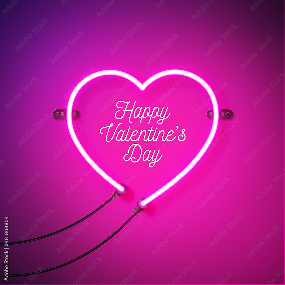 Happy Valentines Day Design with Bright Neon Heart on Pink Background. Vector Love, Wedding and Romantic Valentine Theme Illustration for Flyer, Greeting Card, Banner, Holiday Poster or Party
